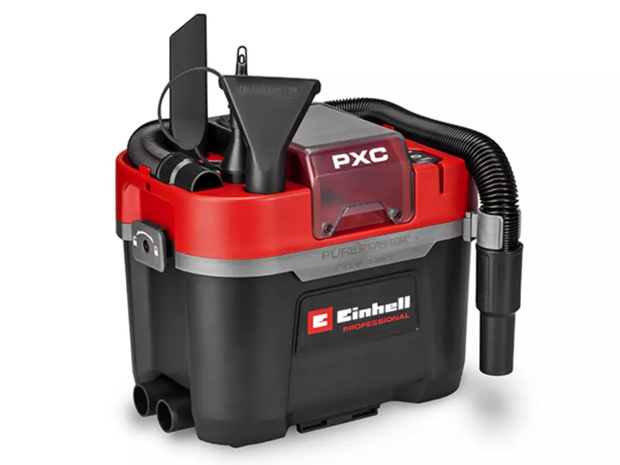 Вигляд ззаду пилососа EINHELL TP-VC 18/10 Li BL L-SOLO з тримачем для насадок і труб.